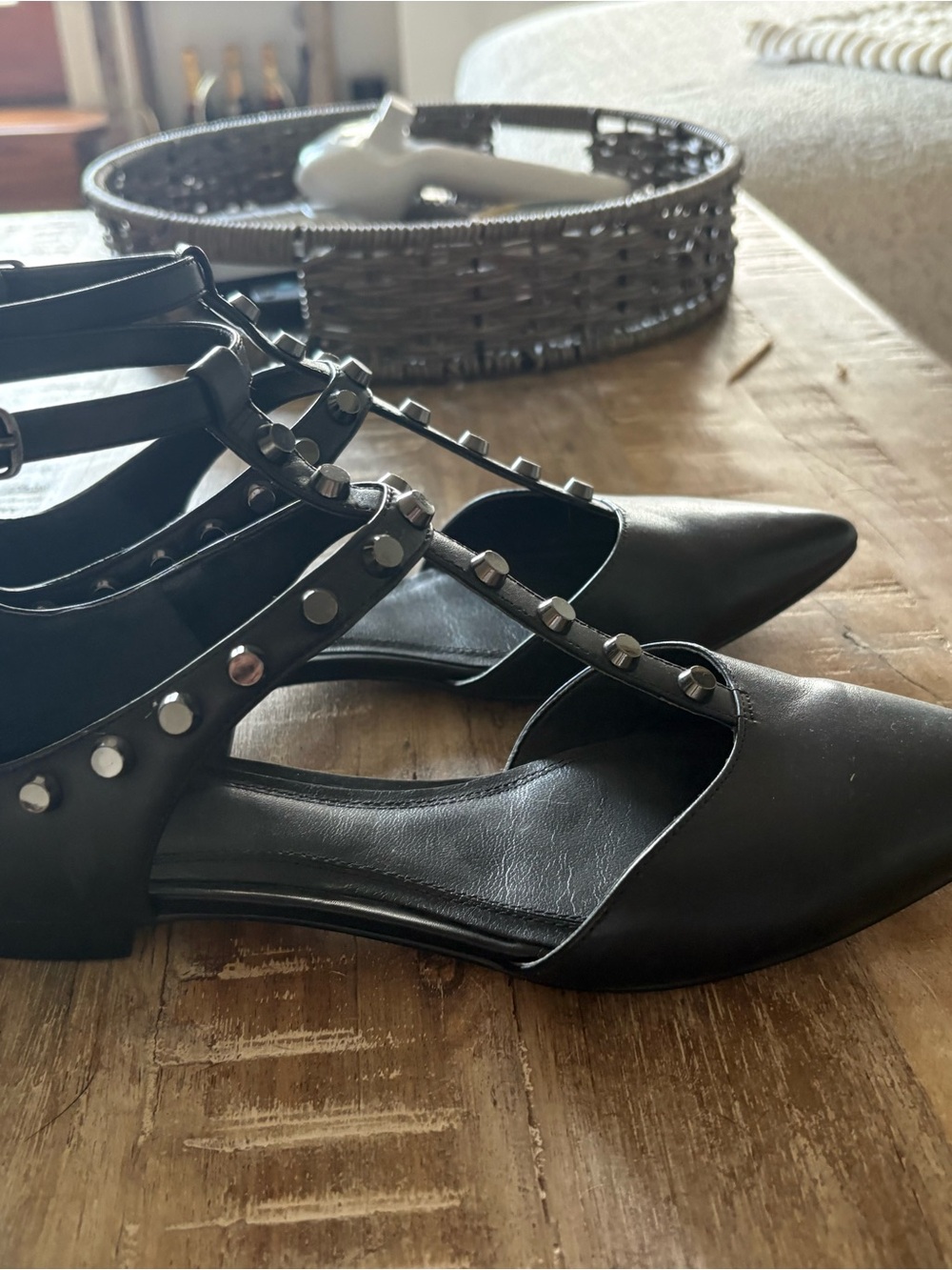 Marc Fisher Black Studded T-Strap Pointed Flats